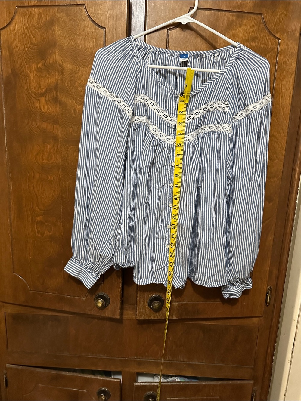 Old Navy Striped Blue & White Peasant Blouse with Lace Trim Yoke - M